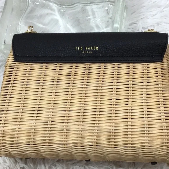 Ted Baker tan and black woven straw rattan crossbody Elava bag NWT